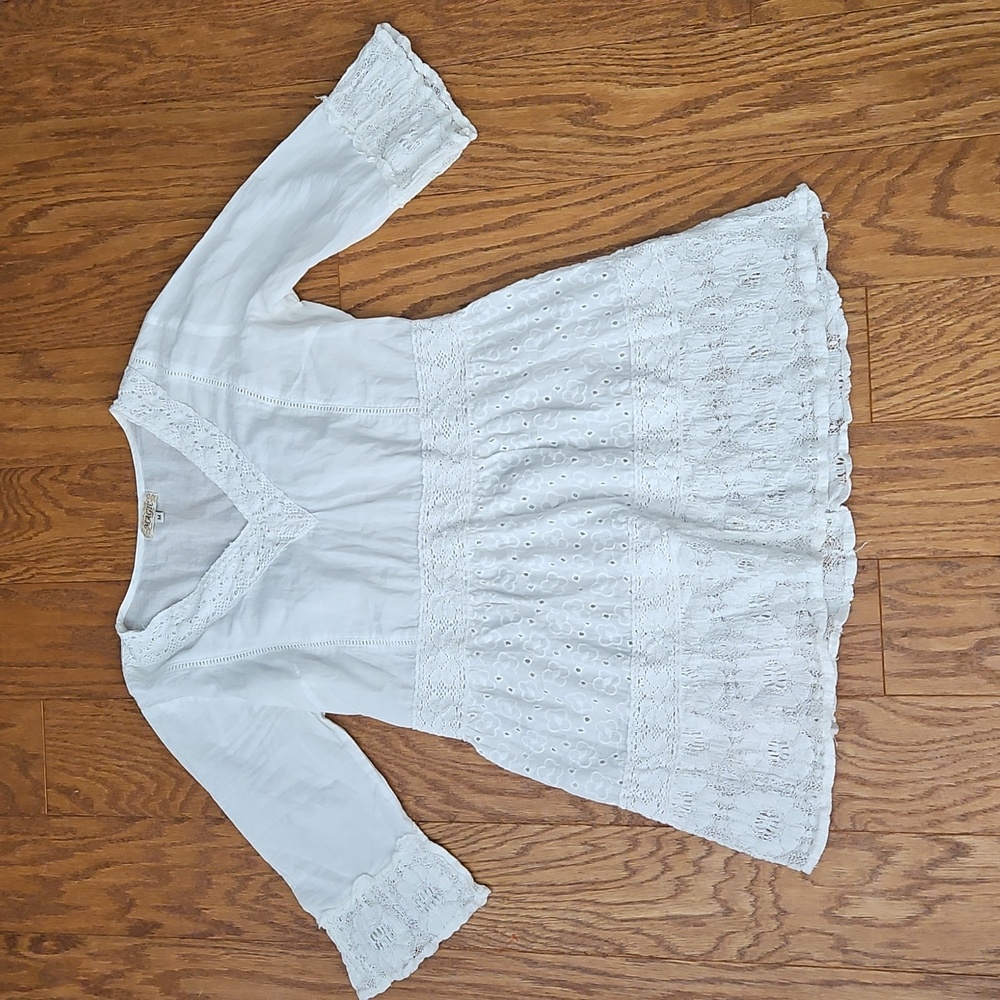 Vintage Magic White Eyelet Boho Flowy 3/4 Sleeve Empire Waist Top Medium